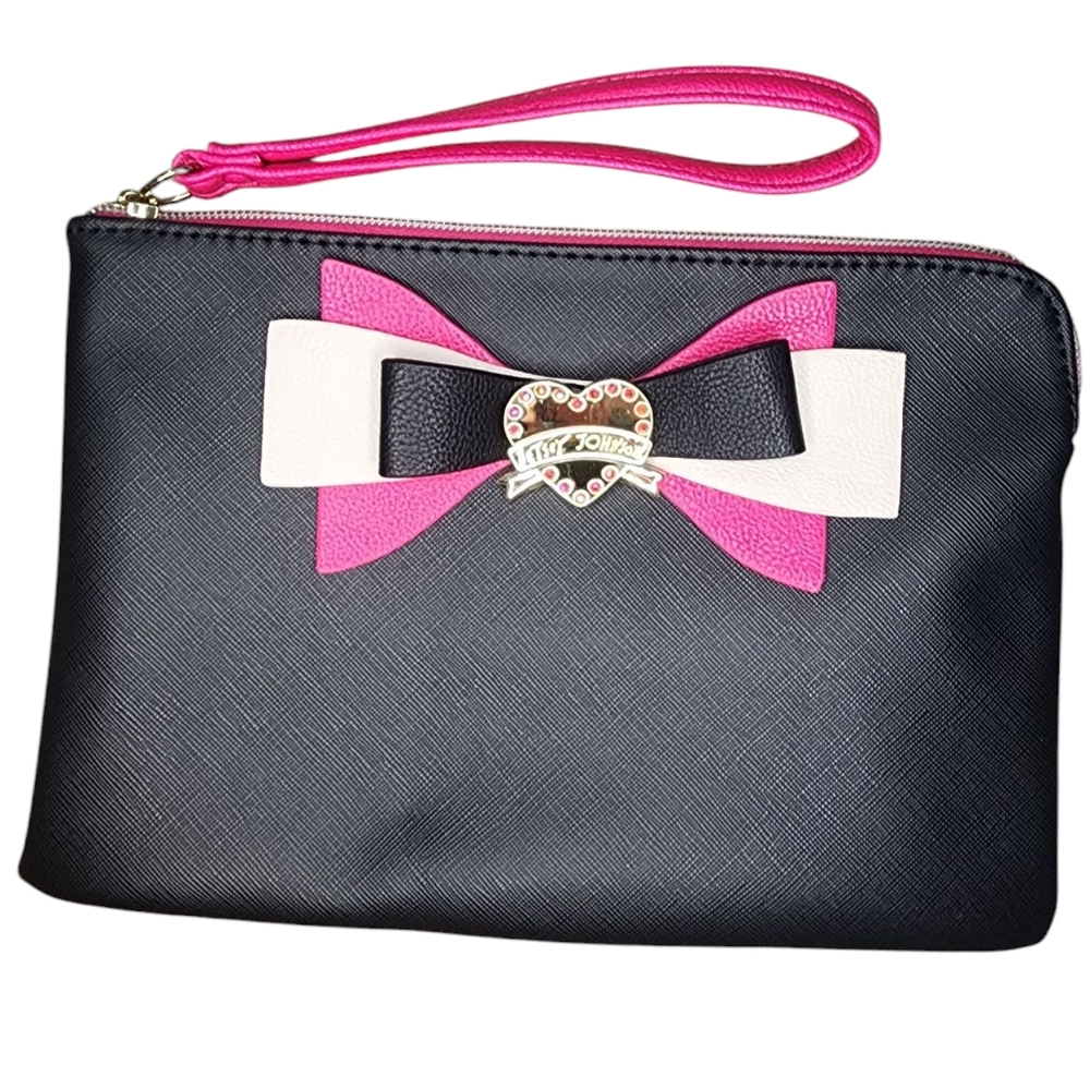 Betsey Johnson Saffiano Black wristlet, bow